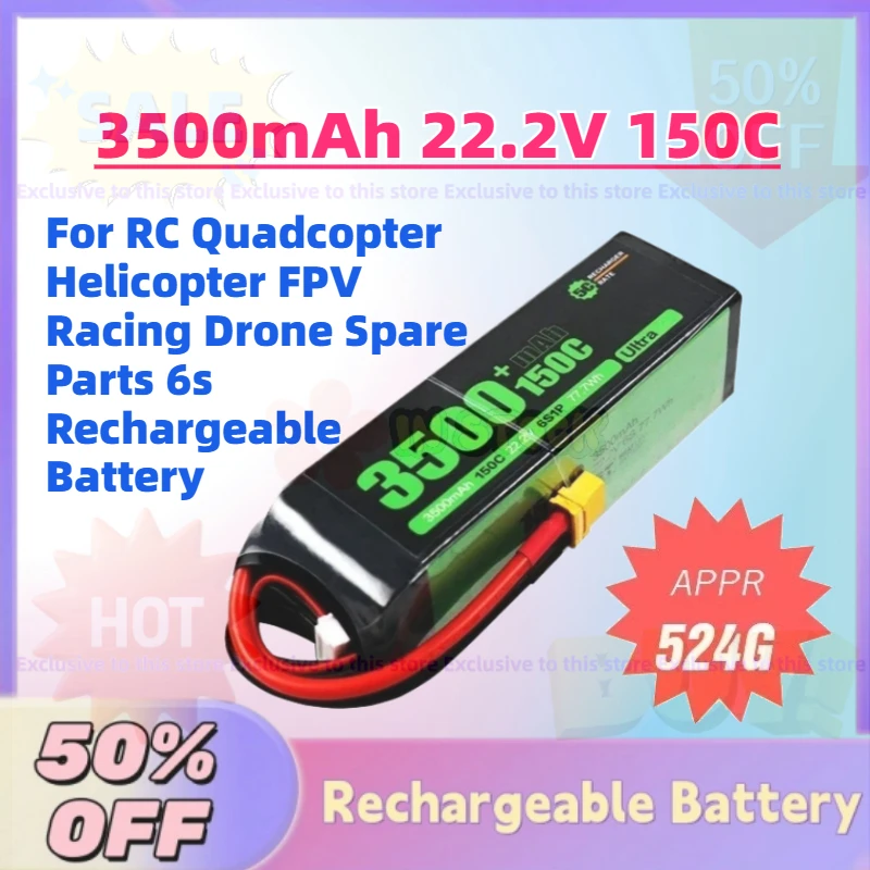 

High Magnification 3500mAh 22.2V 150C Battery for RC Quadcopter Helicopter FPV Racing Drone Spare Parts 6s Rechargeable Battery
