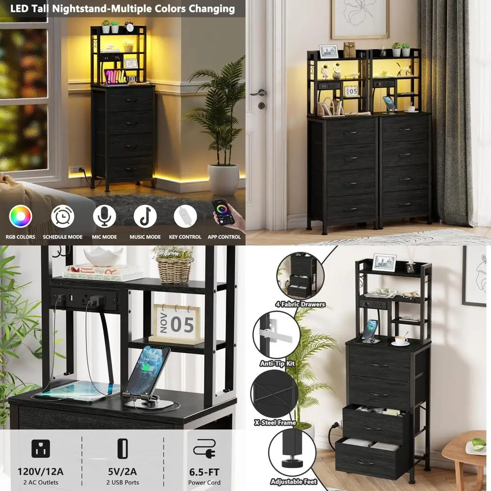 

Contemporary LED Nightstand with Charging Station, USB Ports, Fabric Drawers, and Tiered Storage for Bedrooms, Dorms, and Office