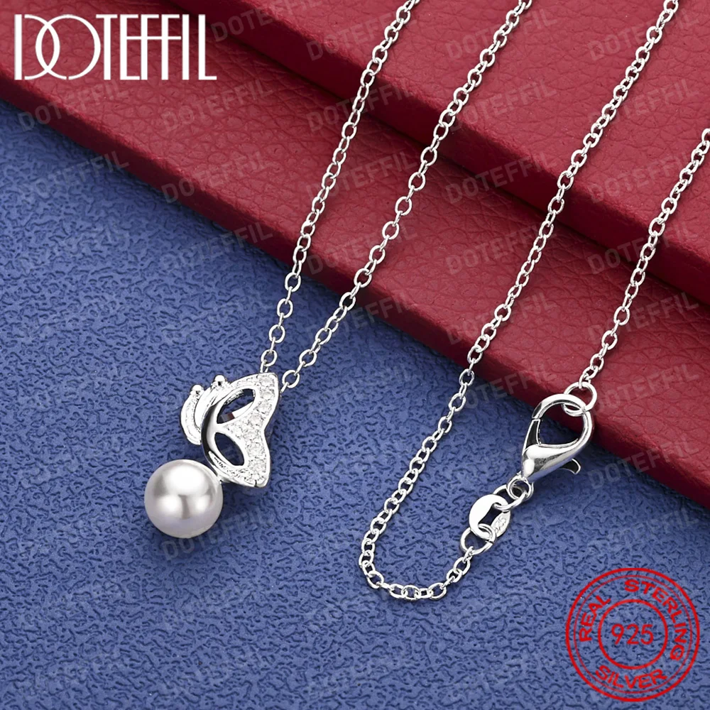 925 Sterling Silver Exquisite Butterfly Pearl Pendant Necklace, Fashionable Wedding Jewelry for Women