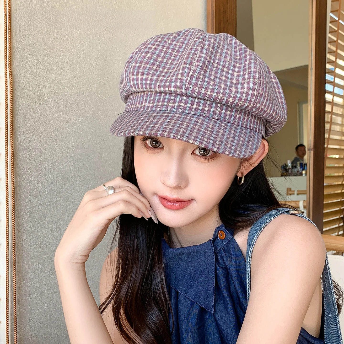 beret-a-carreaux-simple-style-decontracte-pour-femmes-printemps-ete-doux-et-confortable-en-fibre-de-polyester-casquette-pliable-a-bord-rond