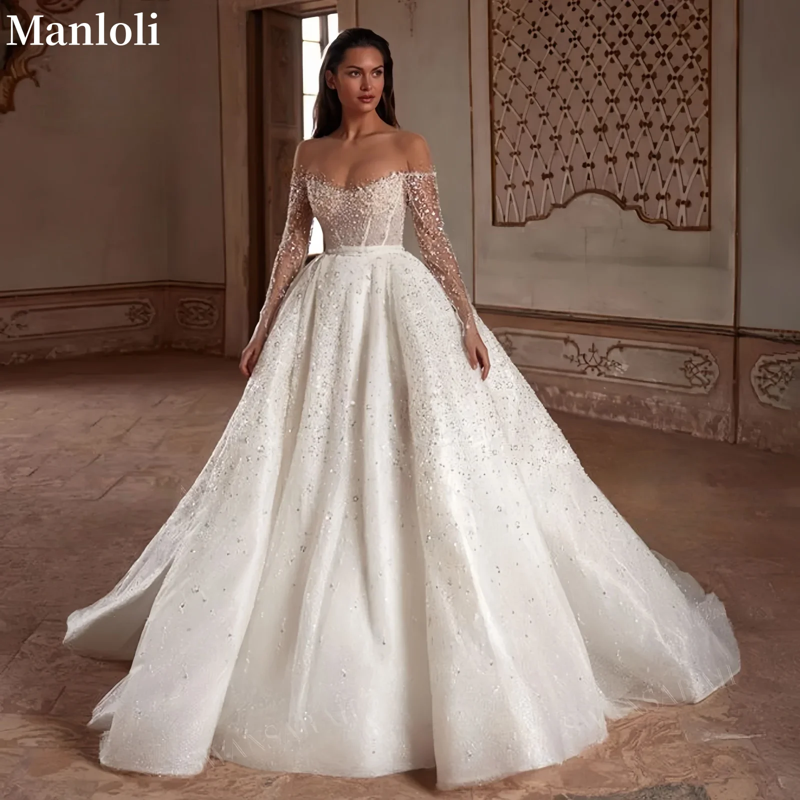 

Gorgeous and Shining Bridal Ball Dress Off Shoulder Long Sleeve Beaded A-line Princess Wedding Dress Vest Customization