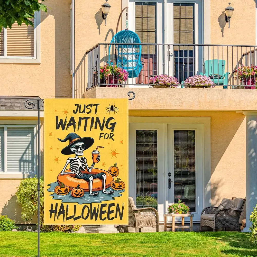 Just Waiting For Halloween Welcome Garden Flag, 12x18 Inch Double Sided Yard Holiday Party Farmhouse Porch Lawn Outside Deco uui