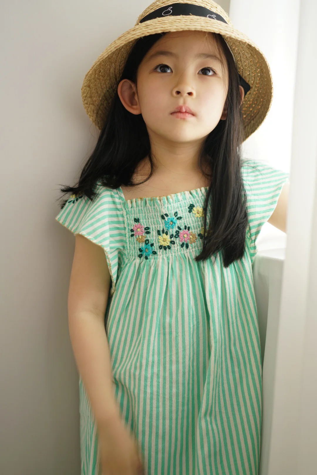 

[Size 130-140] baby girl clothes French style girls' casual dress Green stripe hand embroidered high-quality dress