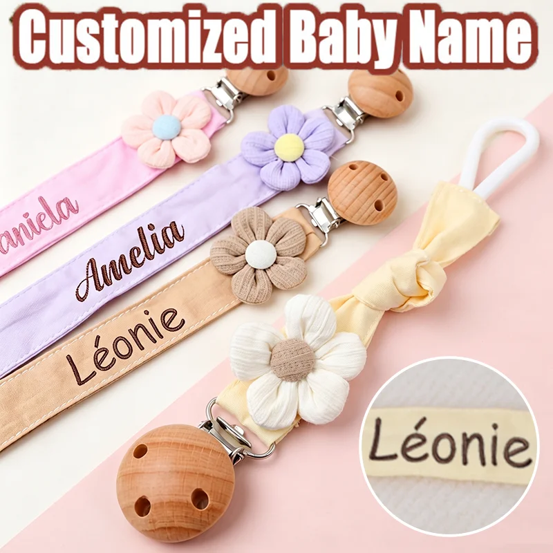 Personalized Embroidered Name Baby Pacifier Clip Floral Cotton Beech Wood Anti‑Lost Dummy Soother Strap Newborn Baby Shower Gift