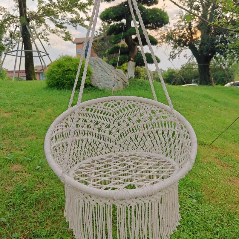 Nordic Hanging Chair Cotton Rope Macrame Swing with Tassels Handwoven Hammock Chair for Indoor Outdoor Bedroom Garden