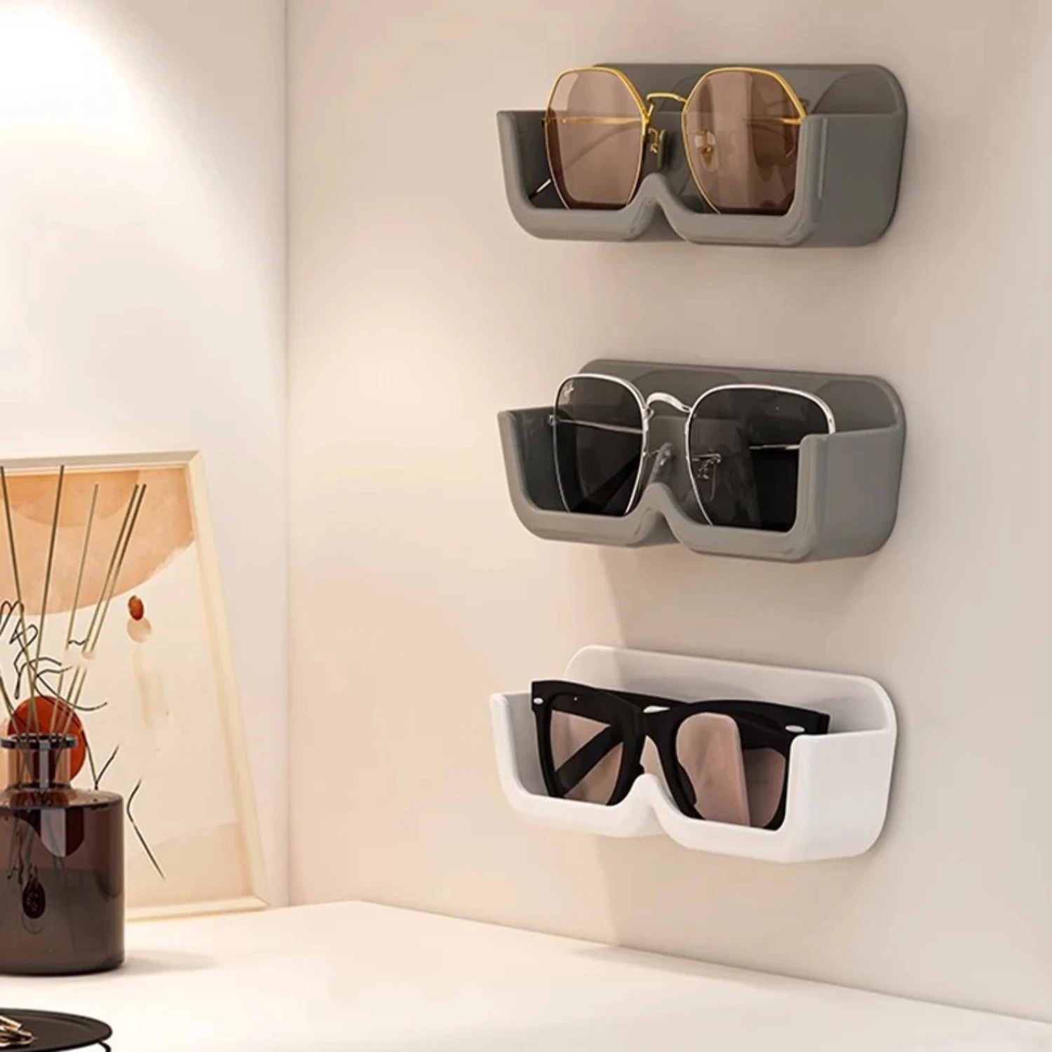 Wall Mounted Self Adhesive Sunglasses Holder Rack for Bedroom Study Wardrobe - Stylish Organizer Display Shelf Box for Glasses