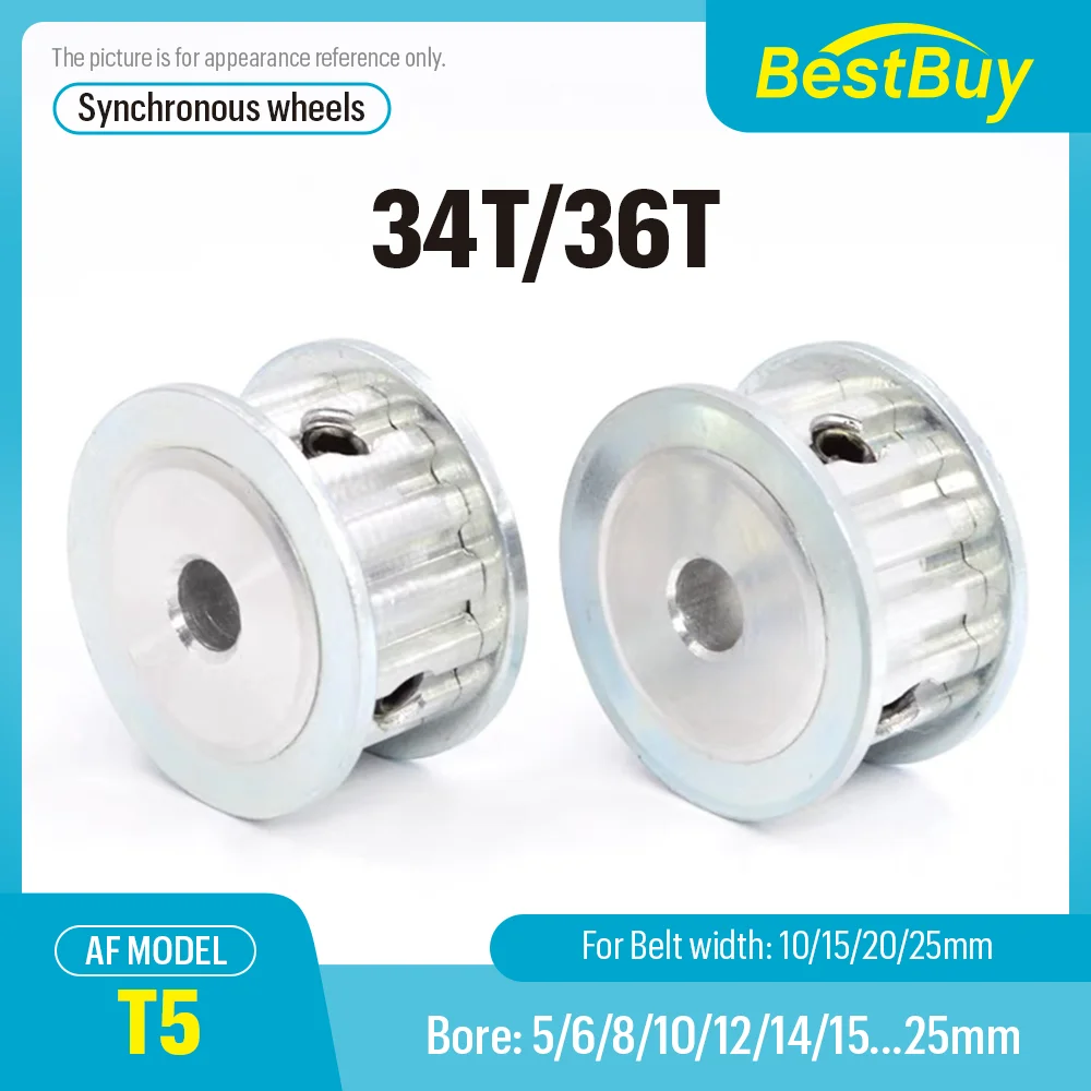 

34T/36T Synchronous Wheels Bore 5-25mm Alloy Wheels AF Shape Pitch 5mm Match With Width 10/15/20/25mm T5 Timing Belt