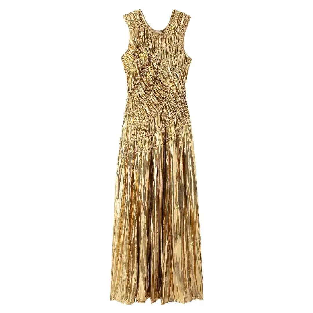 Tangada 2024 Women Gold Pleated Long Dress O Neck Female Party Dresses BE0263