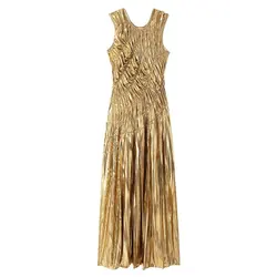 Tangada 2024 Women Gold Pleated Long Dress O Neck Female Party Dresses BE0263