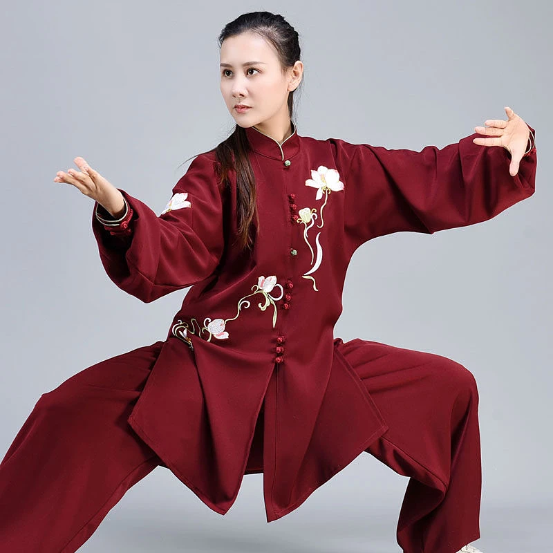Custom Made Burgundy Mid-Length Tai Chi Suit, Flowy Tencel Linen Autumn/Winter Practice Wear for Women