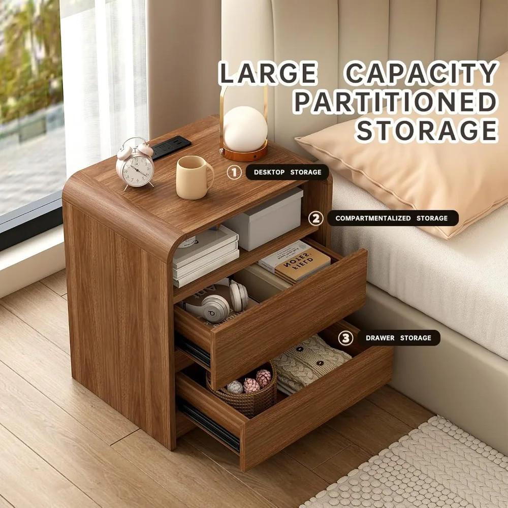 

Modern Nightstand, 23.6-Inch Wide with Charging Station & Curved Anti-Collision Design, Mid-Century Storage, Customized