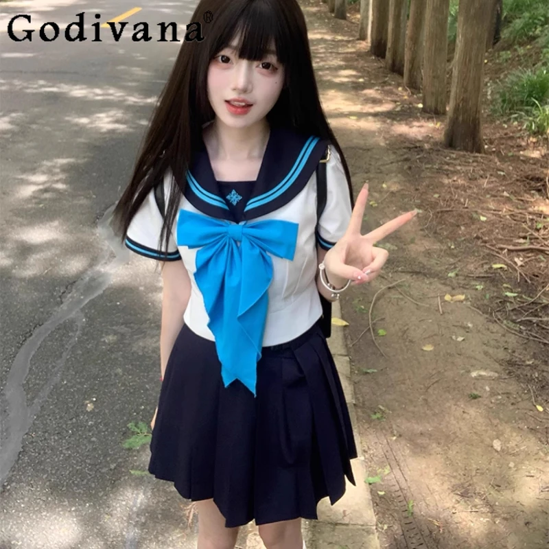Japanese College JK Sailor Uniform Slim Summer New Striped Splicing Cute Bow Collar Top Temperament Sweet Versatile Short Skirt