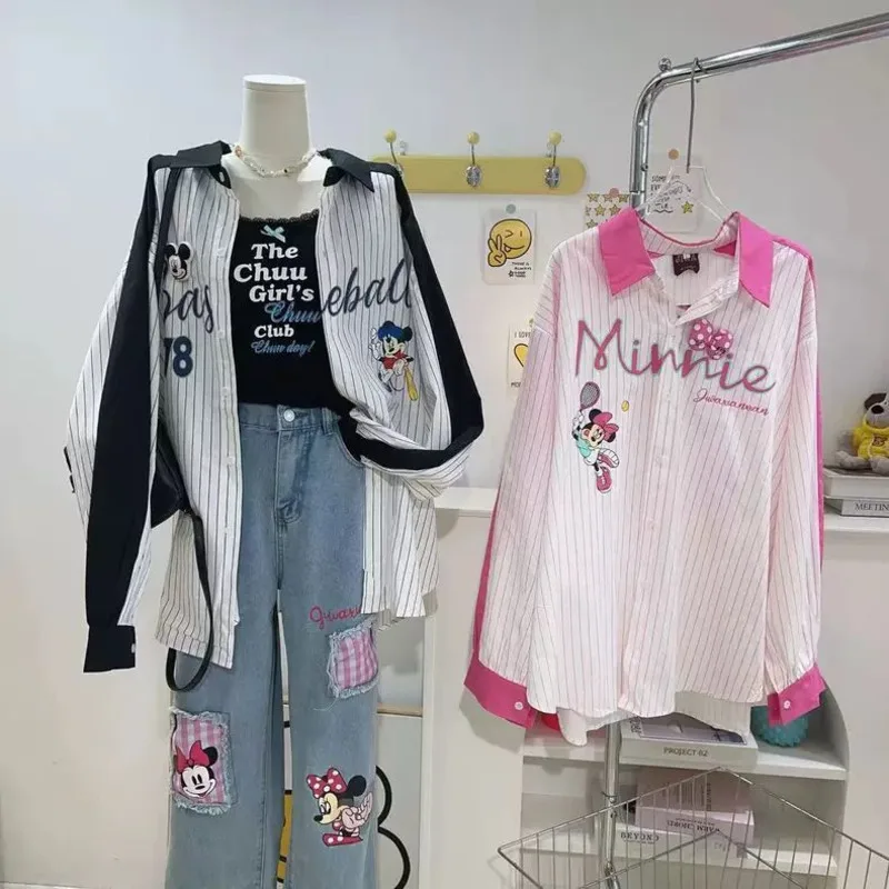 

Disney Mickey Minnie Spring Thin Long Sleeve Striped Shirt Women High End Versatile Top Korean Style Simple Commuter Shirt Coat