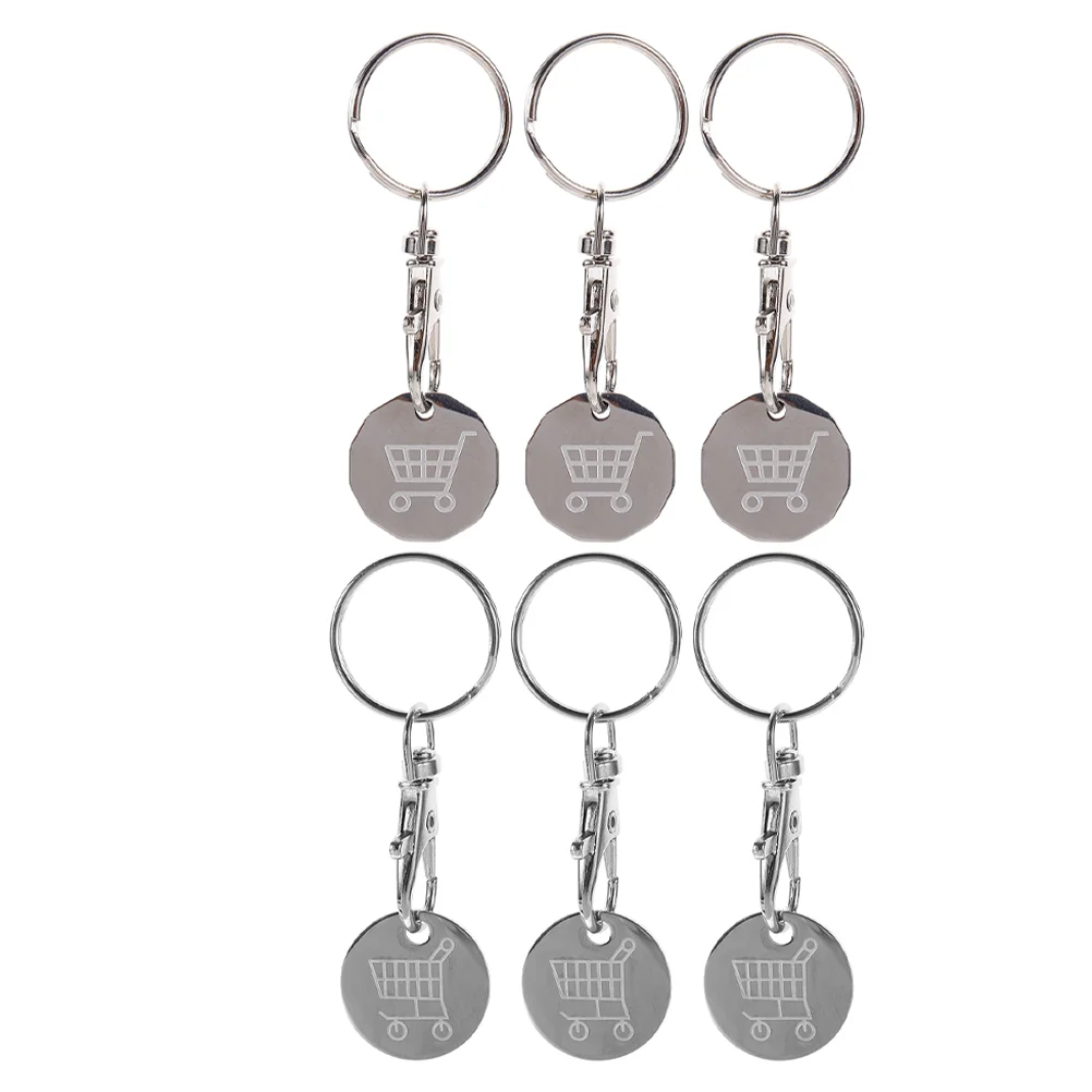 6 Pcs European and American Cart Token Key Fobs Stainless Steel Shopping Keychain Pendant