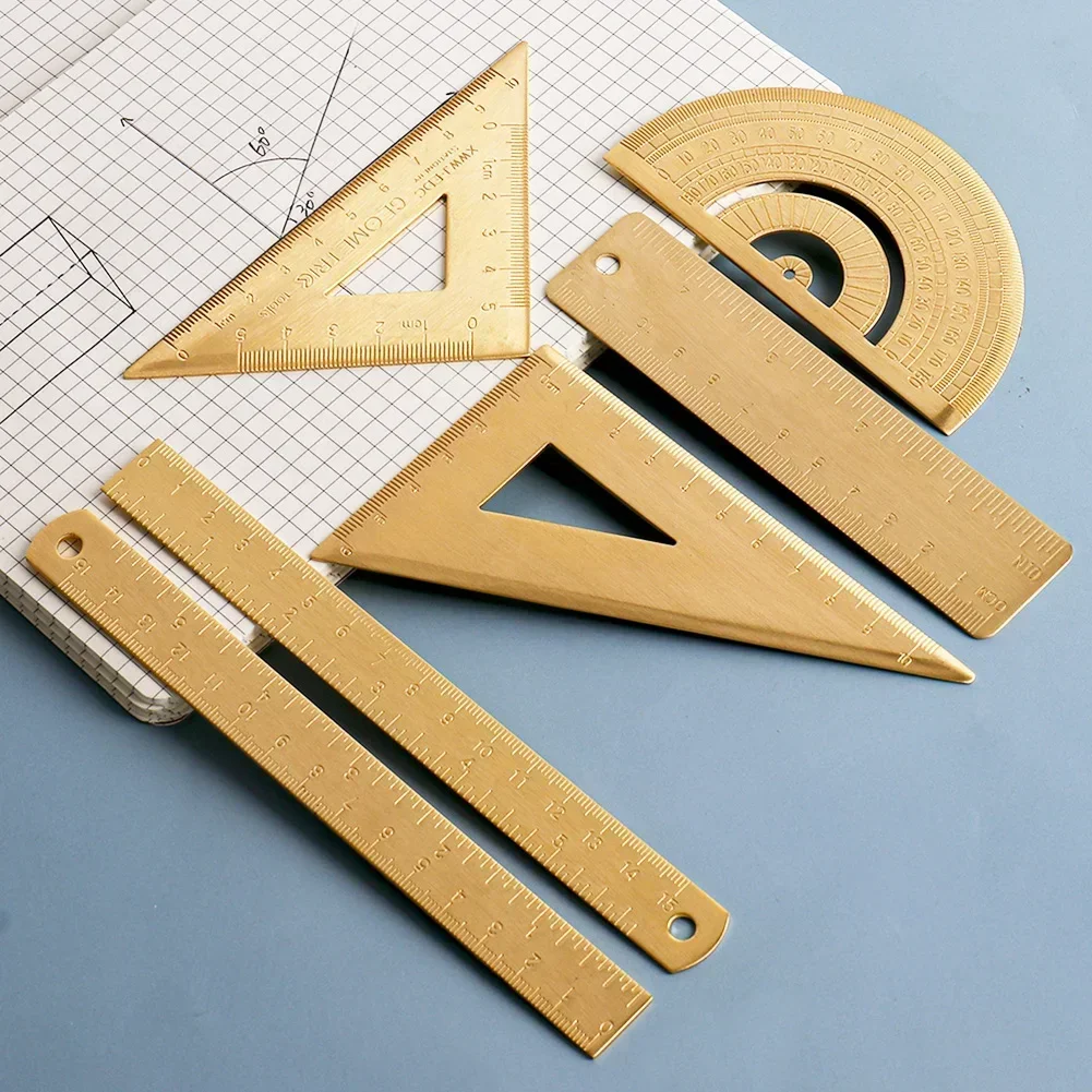 Metal Brass Straight Ruler Vintage Triangle Protractor Measuring Tool Students Painting Drafting Supplies Stationery Office