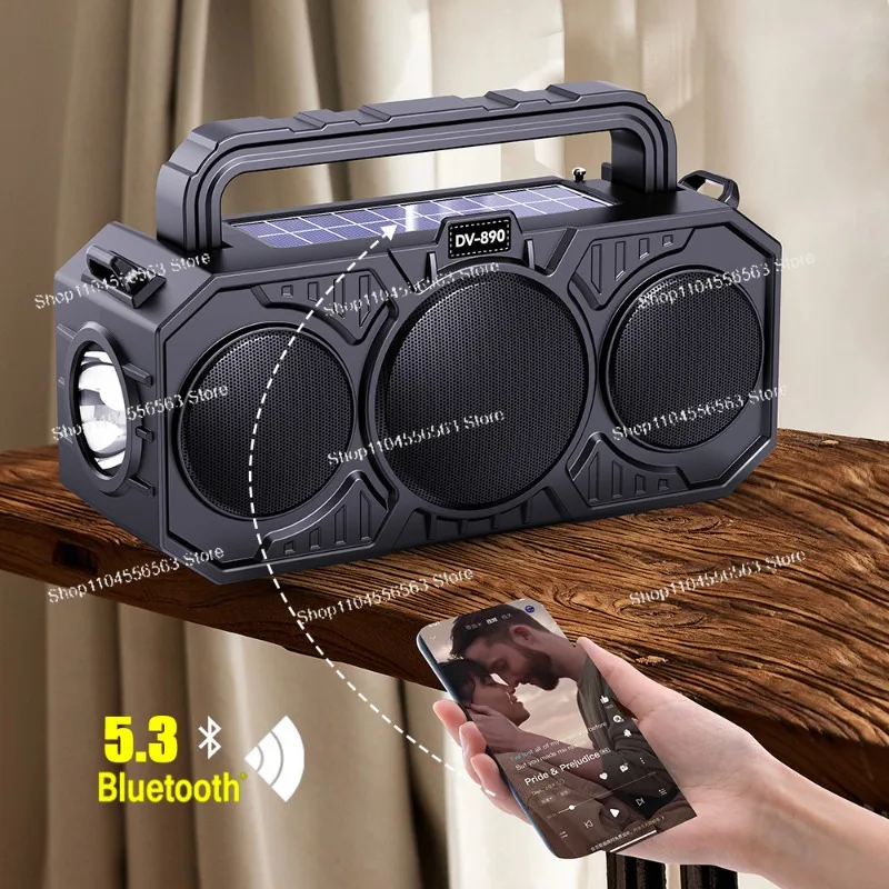 مكبر صوت بلوتوث لاسلكي خارجي، طاقة شمسية مزدوجة، مع مصباح يدوي، بطاقة، مشغل ستيريو