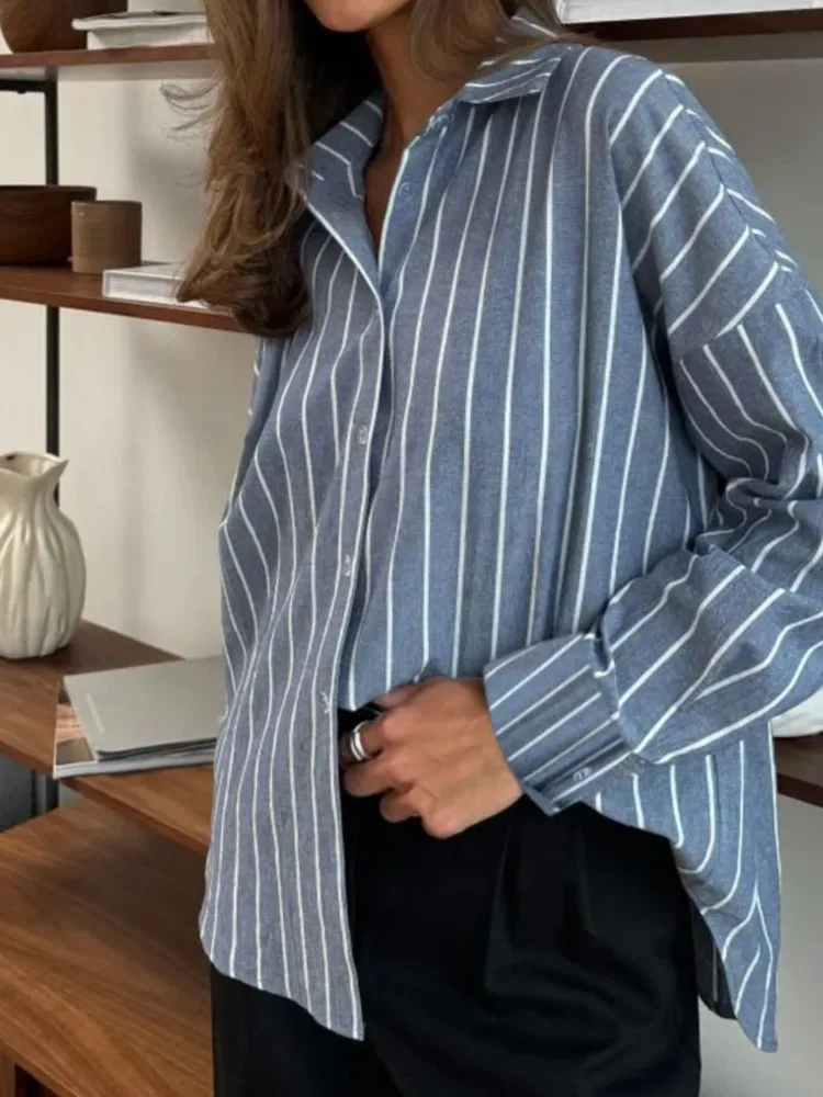 Camisa listrada casual para mulheres moda manga longa turn-down colarinho botão camisas topos senhora elegante escritório roupas femininas novo