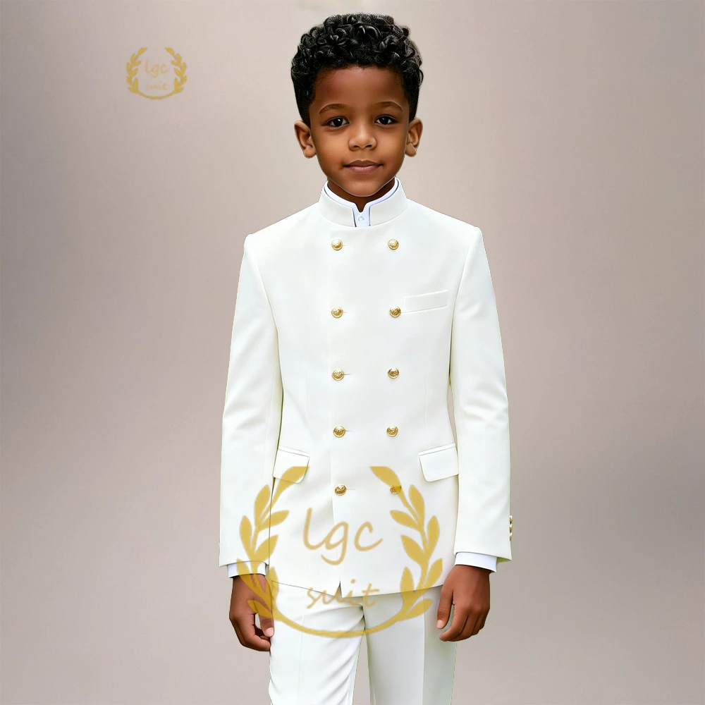 

Детский костюм-двойка на заказ для мальчиков – двубортный пиджак с воротником-стойкой и брюки в тон для свадеб, банкетов и дней рождения