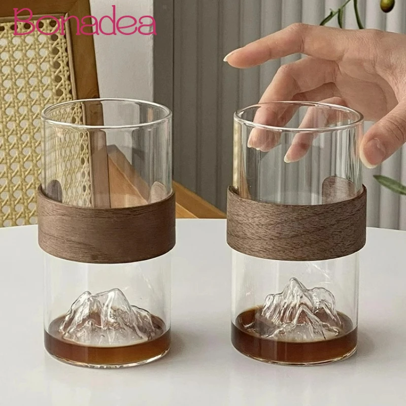 

Retro Mountain Style Glass Coffee Cups Creative Bamboo Set Glasses Tea Cup Latte Milk Cups Cold Drink Cup Kitchen Accessories