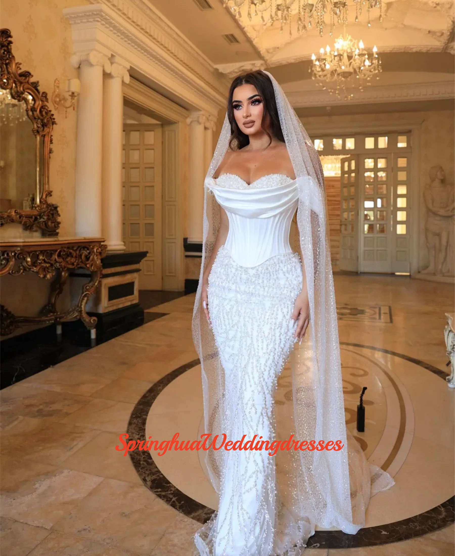 Vestido de novia de sirena con perlas preciosas blancas personalizado, vestidos de noche hasta el suelo con hombros descubiertos