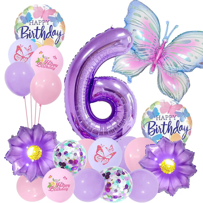 

New Gradient Butterfly Ballons Theme Purple Kids Birthday Party Number Balloon Photo Decor Set Baby Shower Happy Birthday