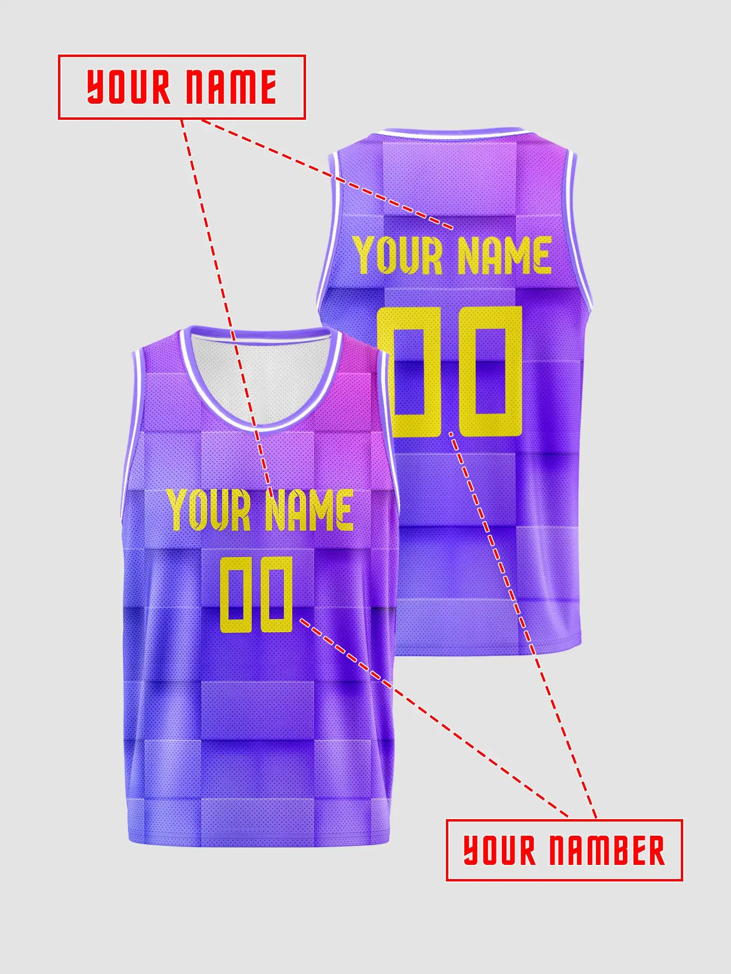 Purple‑Blue Gradient Checker Custom Basketball Jersey, DIY Name & Number, Breathable Quick‑Dry Set For Adults & Kids