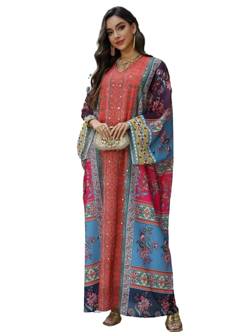 

2025 New Floral Print Maxi Dress Dubai Rhinestone Decorated Abaya Loose Batwing Sleeve Kaftan