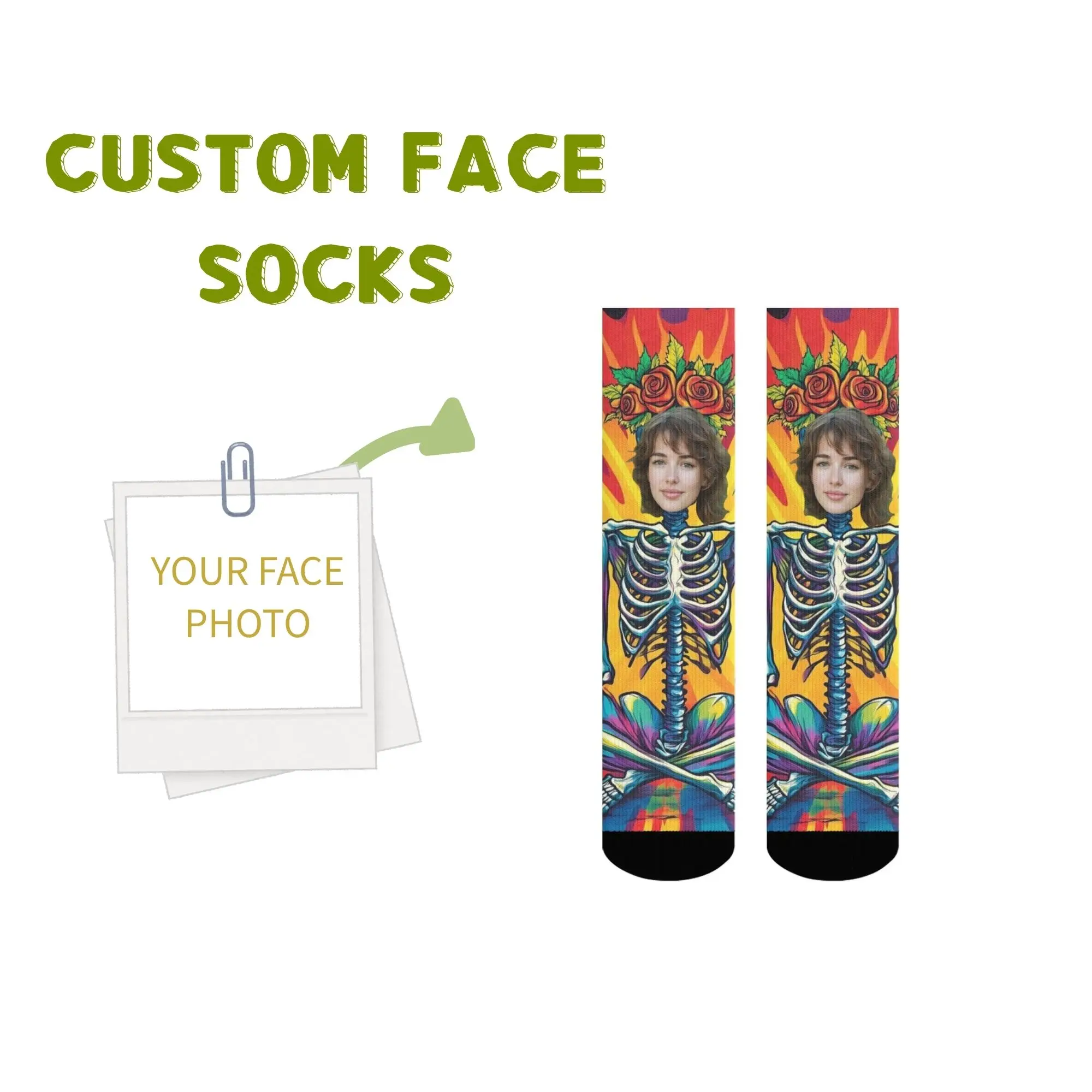 

Personalized The Day of The Dead in Mexico Gift Socks Custom Face & Colorful Skeleton with Roses Ideal Mexican Festival Present