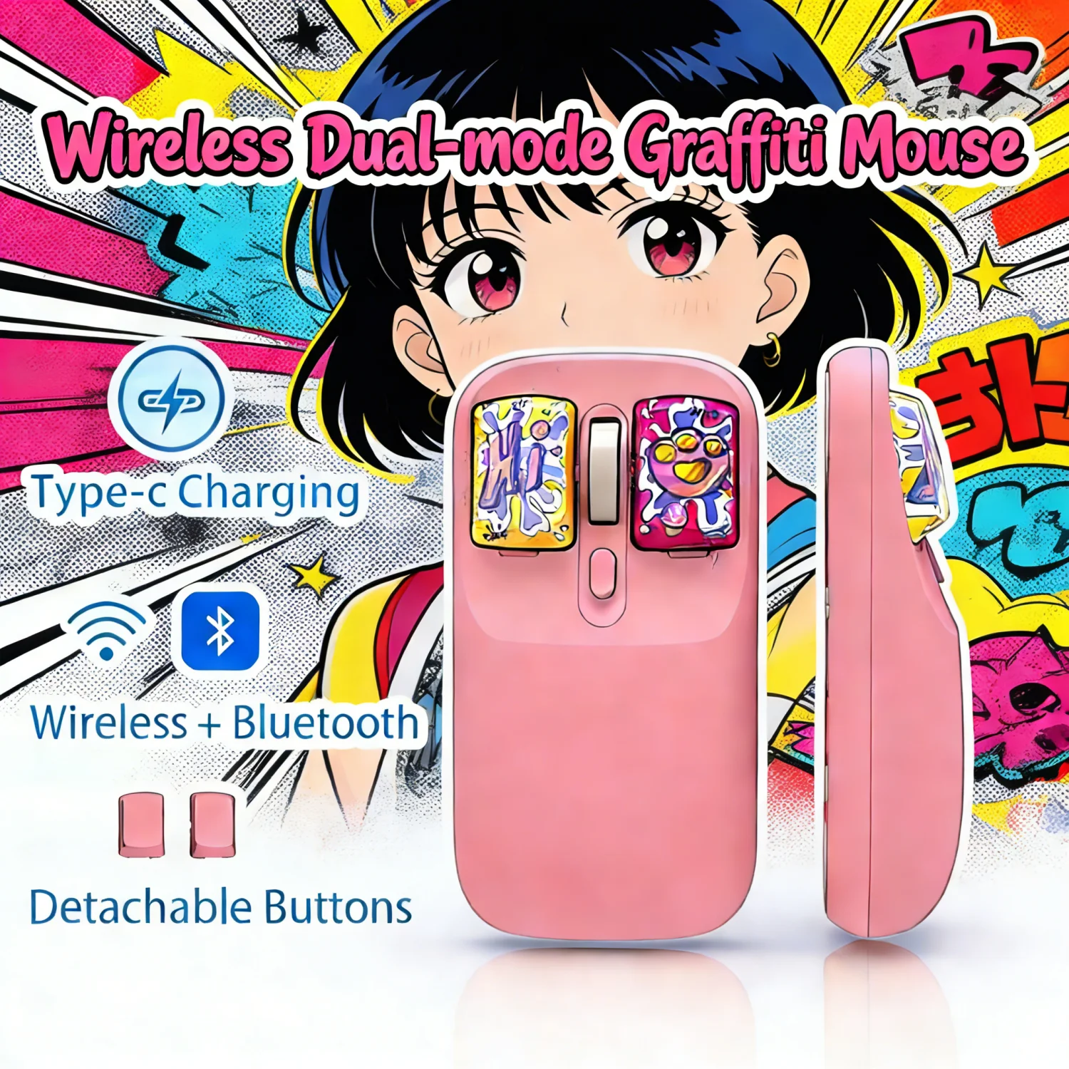 

Graffiti Style Wireless Mouse Bluetooth/2.4G Dual-mode Rechargeable Long Battery Life Ergonomics Creative Office Mice for Laptop