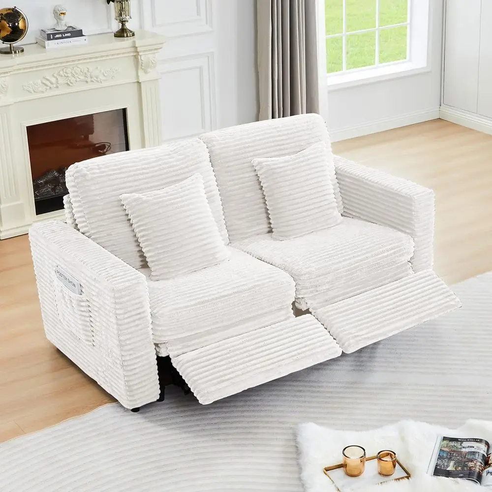 Electric Reclining Sofa with Adjustable Footrest and Plush Corduroy Fabric for Living Room in White