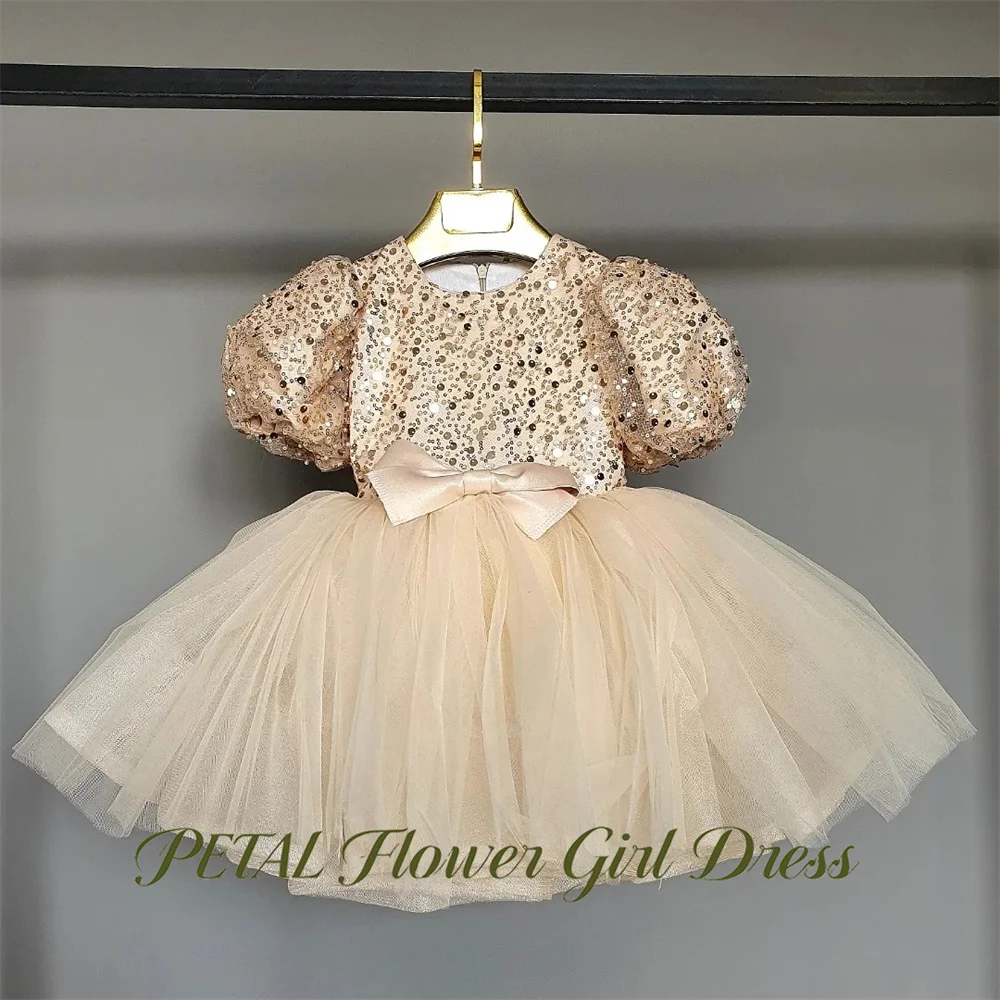 Petal Sequined Kids Birthday Party Dress Round Neck Pageant Dress for Girl Puff Sleeve Bow First Communion Dress Customized