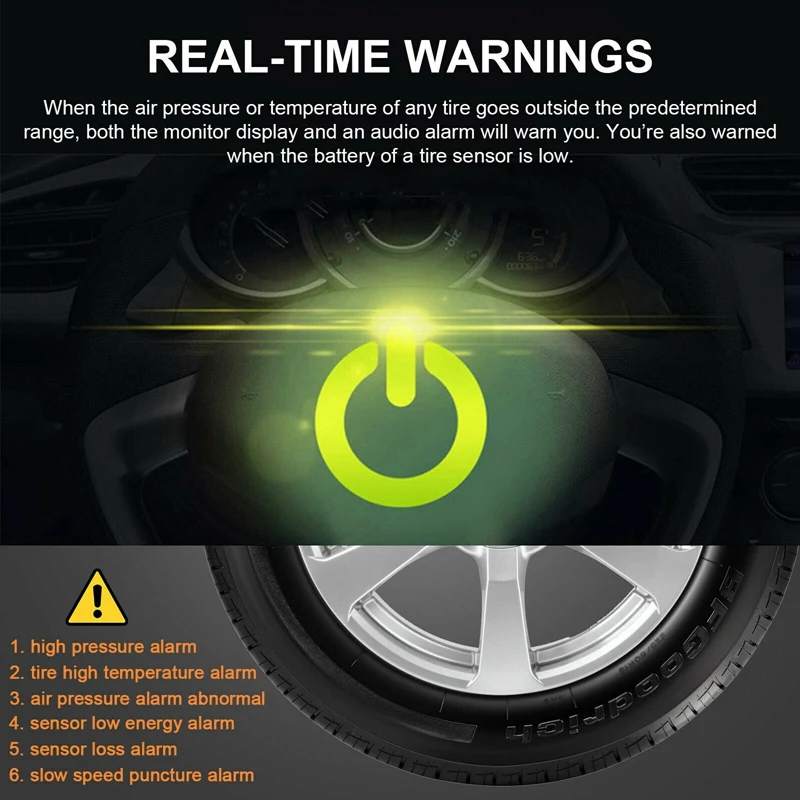 Wireless Solar TPMS LCD Car Tire Pressure Monitoring System With 4 External Sensors Solar Automatic Alarm System