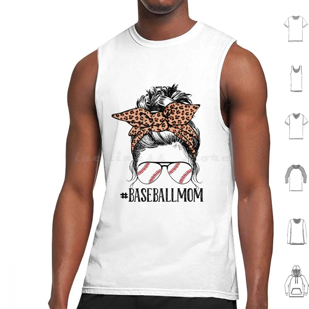 Baseball Mom Leopard Messy Bun Funny Game Day Mother's Day Tank Tops Print Cotton