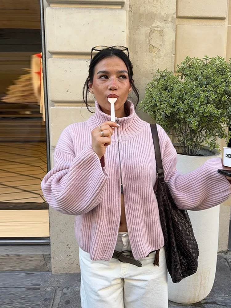 

Casual Striped Knit Cardigan Women Double Zipper Long Sleeve Stand Collar Thick Sweater 2026 Spring Autumn Lady All-matching Top