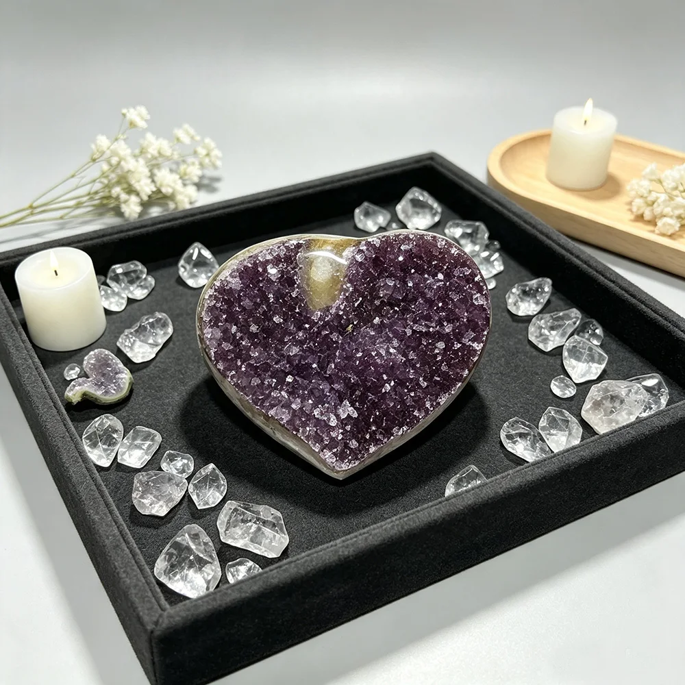 Heart Shaped Raw Amethyst Geode Druzy Cluster Natural Crystal Healing Meditation Desktop Ornament Gift
