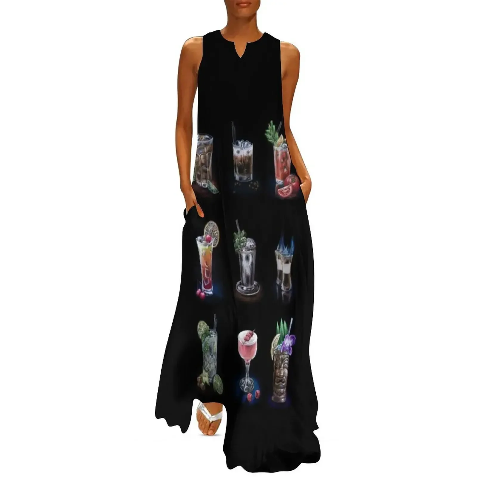 

Hand drawn cocktail collection on black Long Dress sexy dress birthday dress elegant women's dresses sale