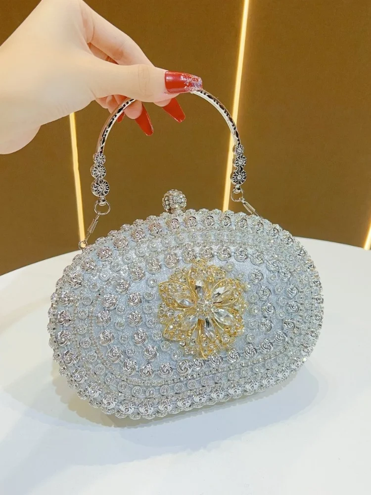 Tas Tangan Malam Bertabur Berlian Berkilau Mewah Dompet Pernikahan Berpayet Gesper Logam Wanita Tas Pengantin Desain Bunga Clutch