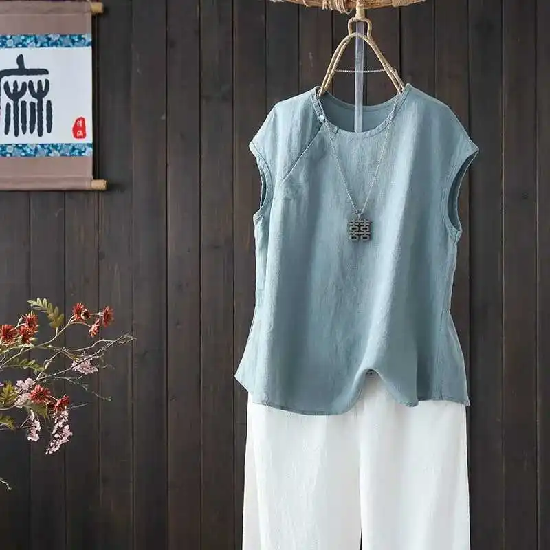 الكتان القطن بلا أكمام تي شيرت المرأة الصيف فضفاضة عادية خمر الصينية زر القمم للسيدات TS-880