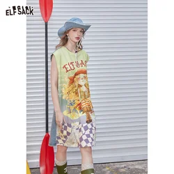 ELFSACK 2024 Summer New Arrivals Cowboy patchwork printed sleeveless dress, women's casual vest, T-shirt, skirt