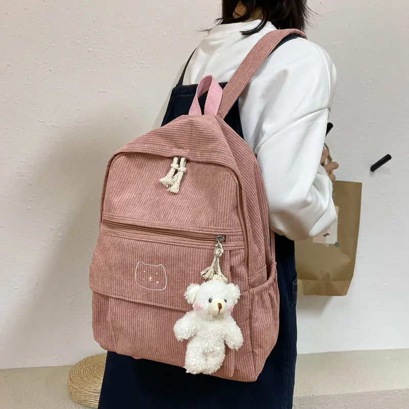 Corduroy Women Backpack Bear Printed Simple Solid Color Female Teens Schoolbag Girl Travel Shoulder Backpack Korean Style