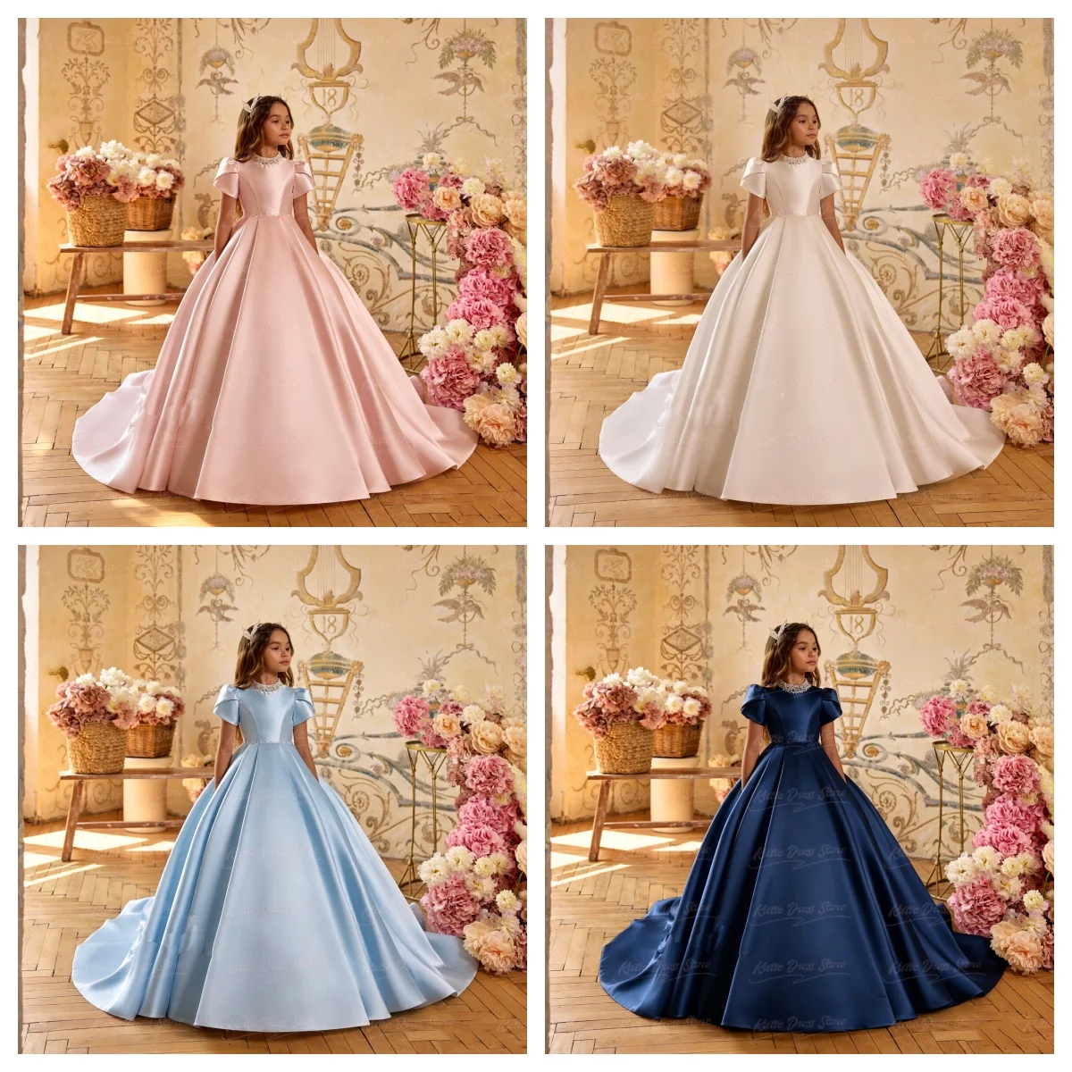 Elegant Satin Flower Girl Dress Beading Puffy Short Sleeve For Wedding Kids Birthday Party First Communion Ball Gowns Customized