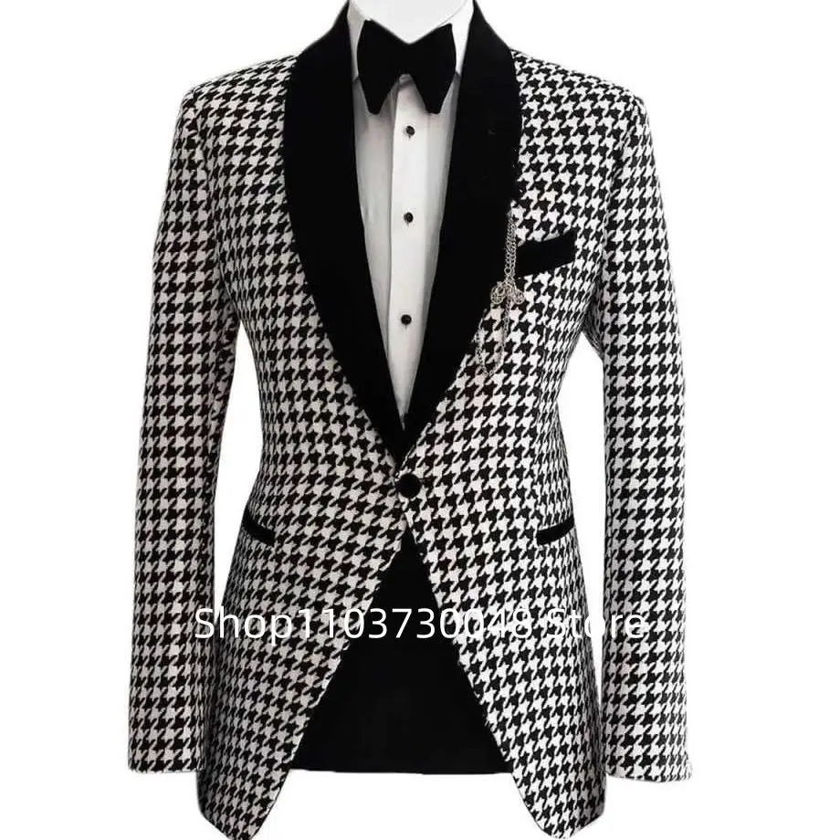 Casual Houndstooth Business Blazer for Men Plaid Shawl Lapel One Button Suit Jacket Formal Male Fashion Men Suits Coat