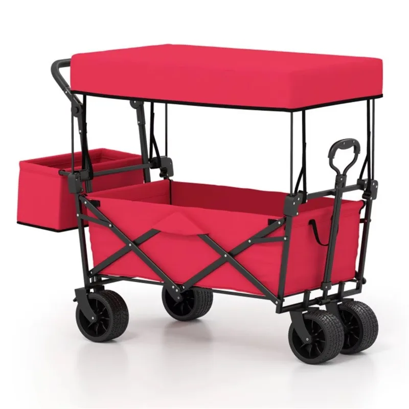 Adjustable Handle Red Foldable Utility Cart with Puncture Resistant Wheels, Removable Side Bag for Outdoor Camper
