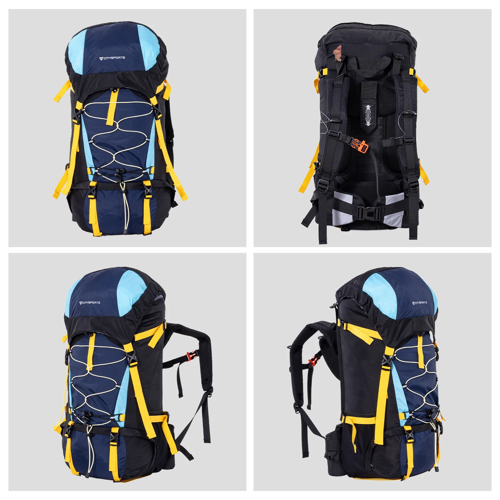 CITYSPORTS PRO Wanderrucksack, Faltbarer Reiserucksack, Trekkingrucksack, 60L (55 + 5), Outdoor-Sport-Reise-Tagesrucksack mit Regenschutz – Detail 7