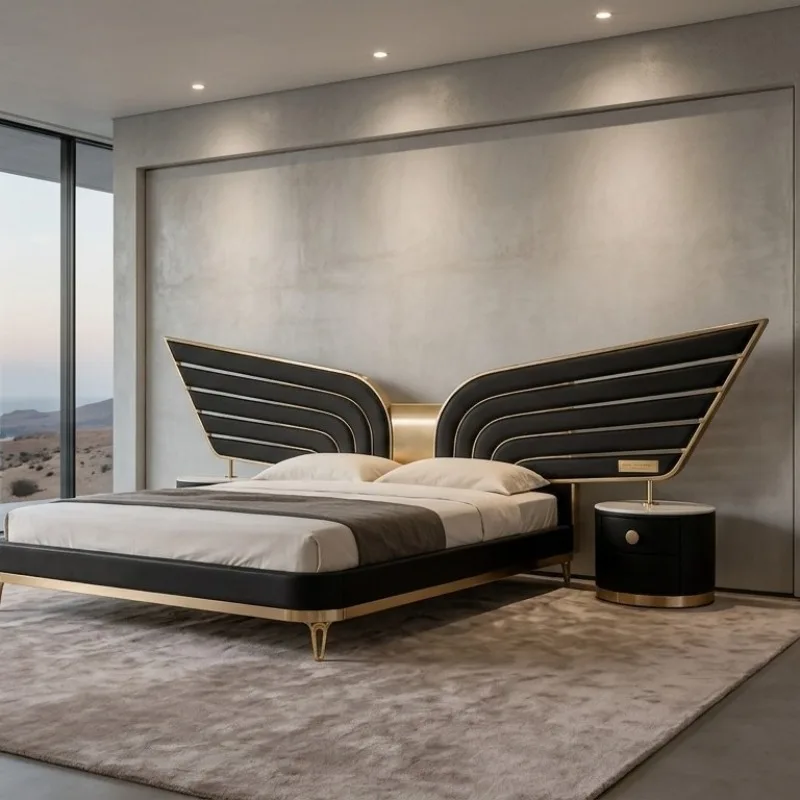 Italian-style widescreen genuine leather bed, luxury villa, model room, master bedroom double bed