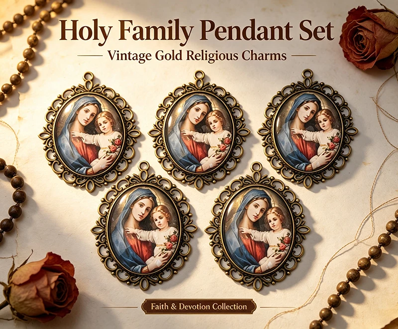5Pcs Holy Family Oval Pendant Set Vintage Antique Gold Catholic Religious Charms for DIY Rosary Necklace Making Christian Faith