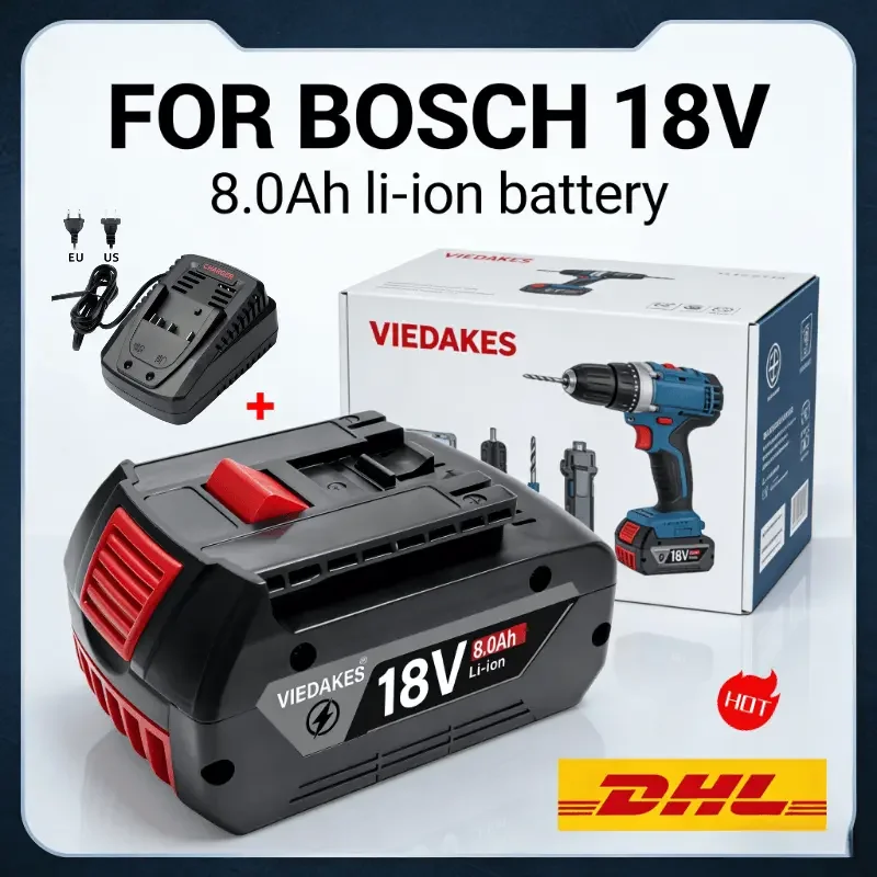 

Аккумулятор VIEDAKES для Bosch 18В, перезаряжаемый, 8.0Ач, профессиональный, на элементах 18650, для замены инструментов Bosch 18В.