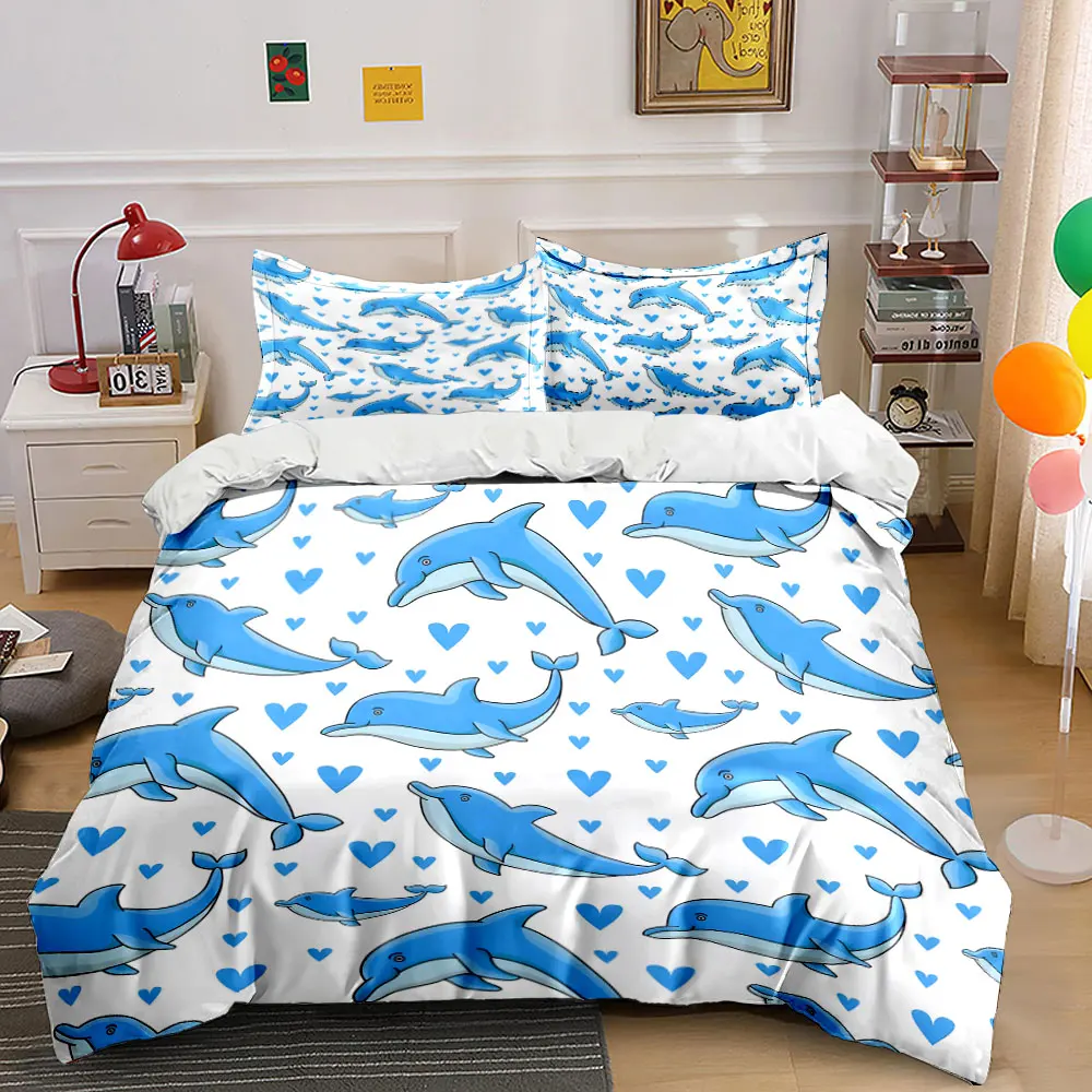 Blue dolphins and heart pattern Printed Duvet Cover Set1 Duvet Cover+2 PillowcaseMulti Size Bedroom Bedding Decor Luxury gifts