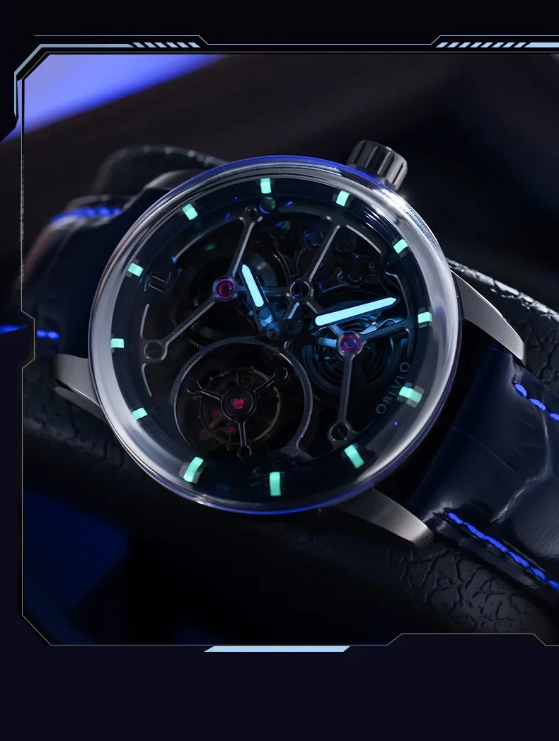 OBLVLO Men Tourbillon Watch 42MM Luxury Mechanical Wristwatch Luminous 5Bar Waterproof Sapphire Hollow Out Dial