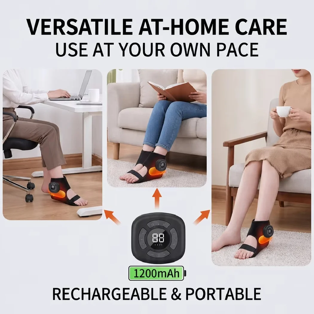 Masajeador de tobillo y pie con compresión de aire, 3 modos, 5 niveles, envolvente, inalámbrico, 1200 mAh, vibración, calentamiento, soporte, recargable, compresión para articulaciones.